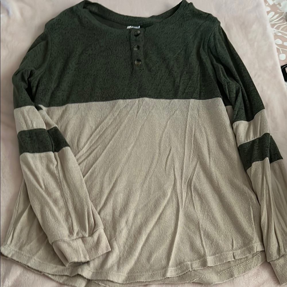 Green and Beige Long Sleeve Shirt